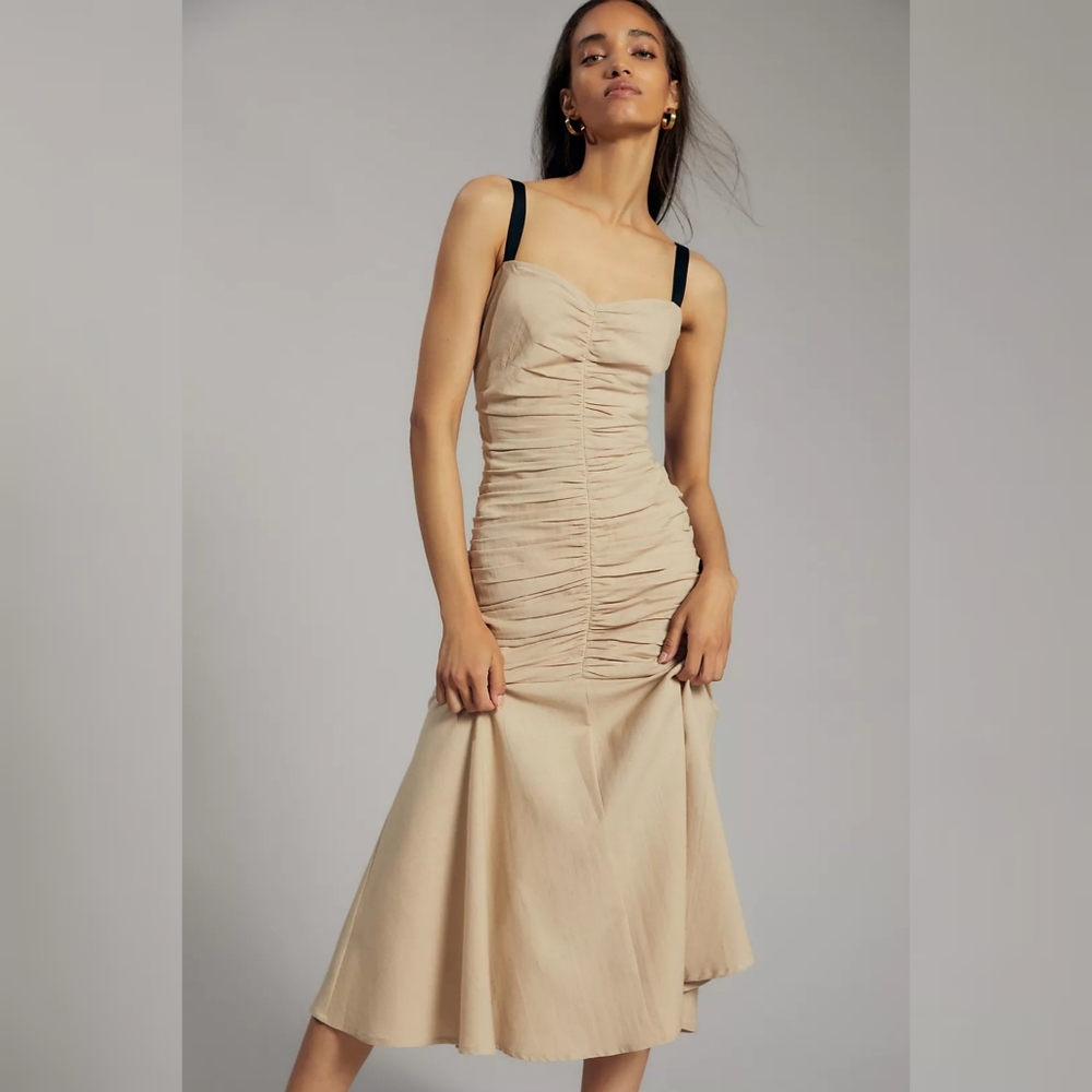 Anthropologie Atsu Summer Ruched Midi Dress Beige Women's Size 16 Petite